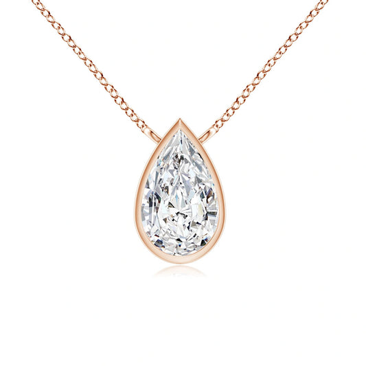 Front view of Puro Pear Bezel Diamond Pendant with rose gold chain.