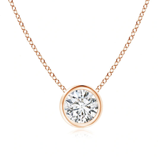 Front view of Puro Round Bezel Diamond Pendant with rose gold chain.