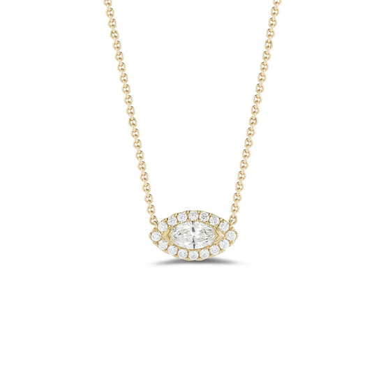 Front view of Puro Marquise Halo Diamond Pendant with yellow gold chain.