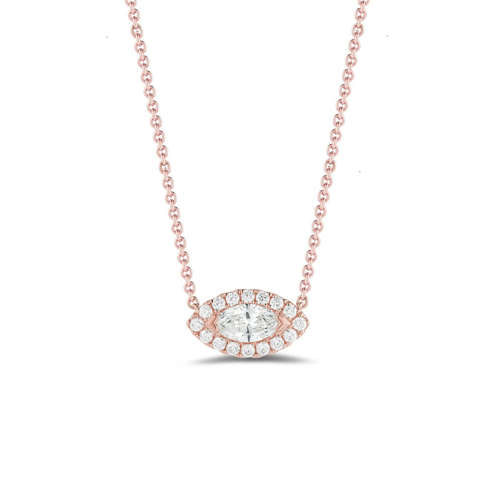 Front view of Puro Marquise Halo Diamond Pendant with rose gold chain.