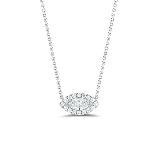 Front view of Puro Marquise Halo Diamond Pendant with white gold chain.